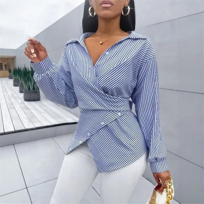 Women’s Striped Wrap Tie-Back Blouse