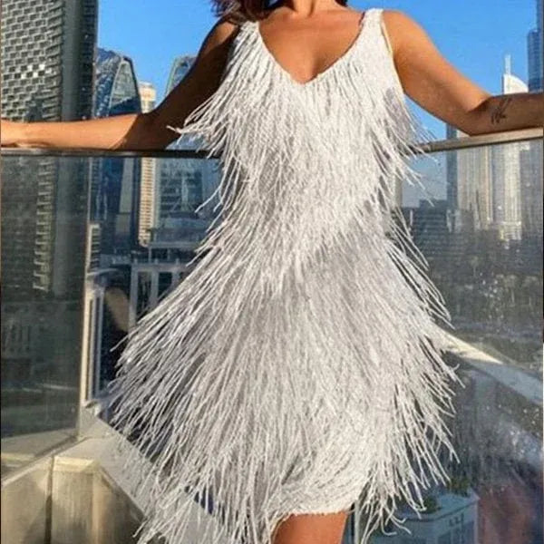 Fringe Sequin V-Neck Party Dress