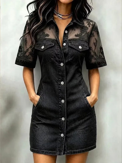 Women's Lace Mesh Denim Shirt Dress