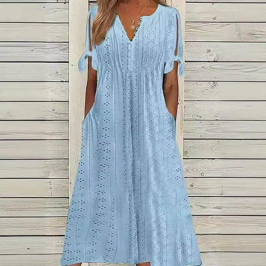 Women’s Eyelet V-Neck Tie-Sleeve Dress