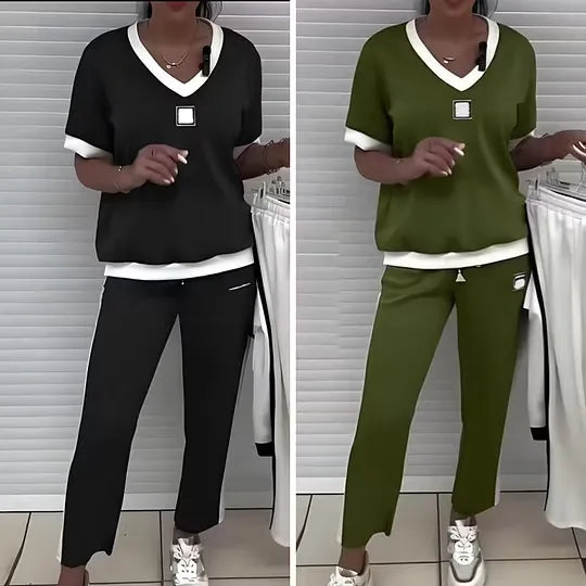 Women's V-Neck Top and Pants Set