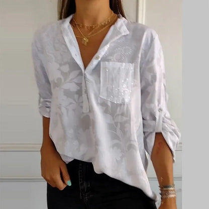 Women’s Floral Button Blouse with Roll-Up Sleeves