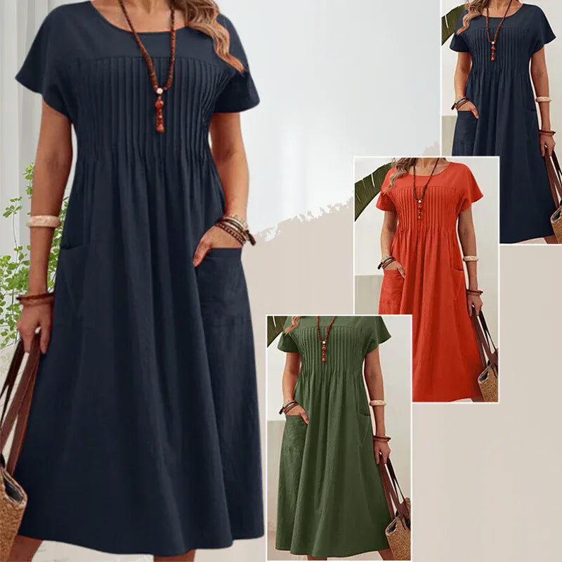 Women’s Short Sleeve Pleated Pocket Midi Dress