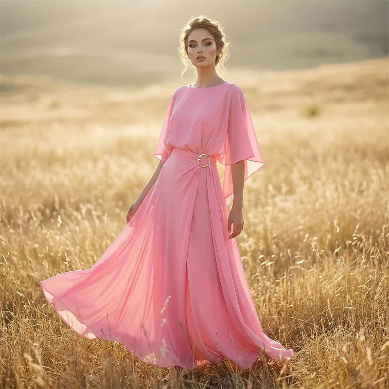 Women’s Elegant Flowing Cape Sleeve Maxi Dress