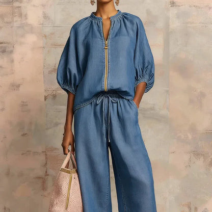 Women’s Puff Sleeve Top and Wide-Leg Pants Set
