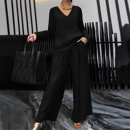 Women’s V-Neck Top and Wide-Leg Pants Set