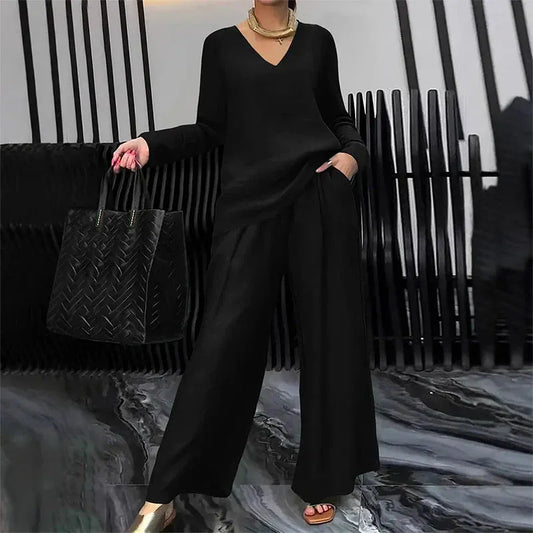 Women’s V-Neck Top and Wide-Leg Pants Set