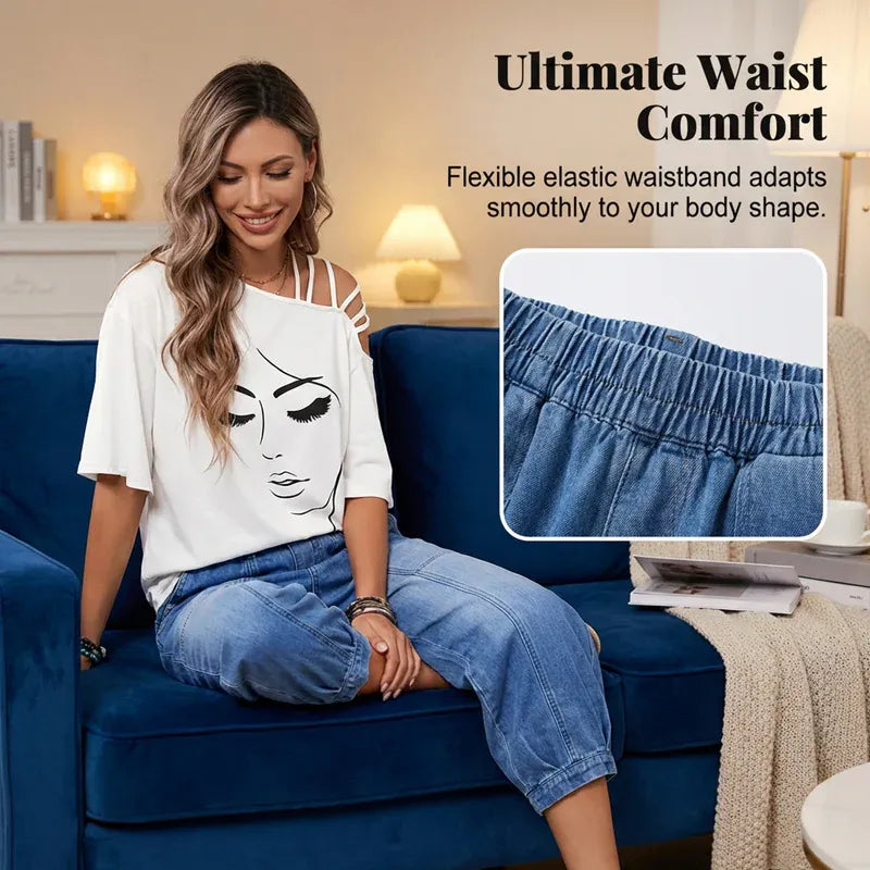 Women’s Elastic Waist Cropped Barrel Jeans