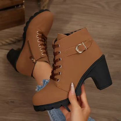 Women’s Lace-Up Buckle Block Heel Ankle Boots