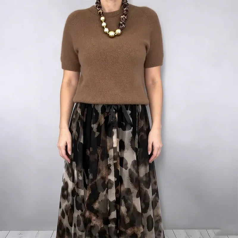 Women’s Short-Sleeve Knit Top and Leopard Print Maxi Skirt Set