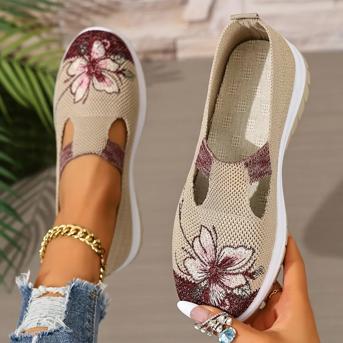Women's Floral Knit Slip-On Walking Shoes