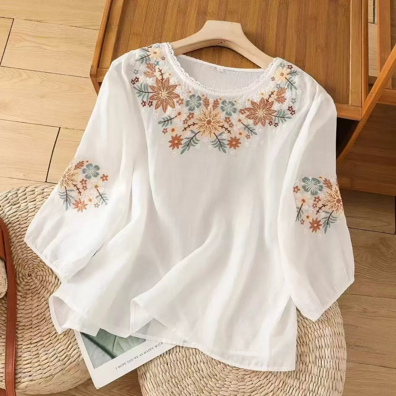 Women’s Floral Embroidered 3/4 Sleeve Blouse