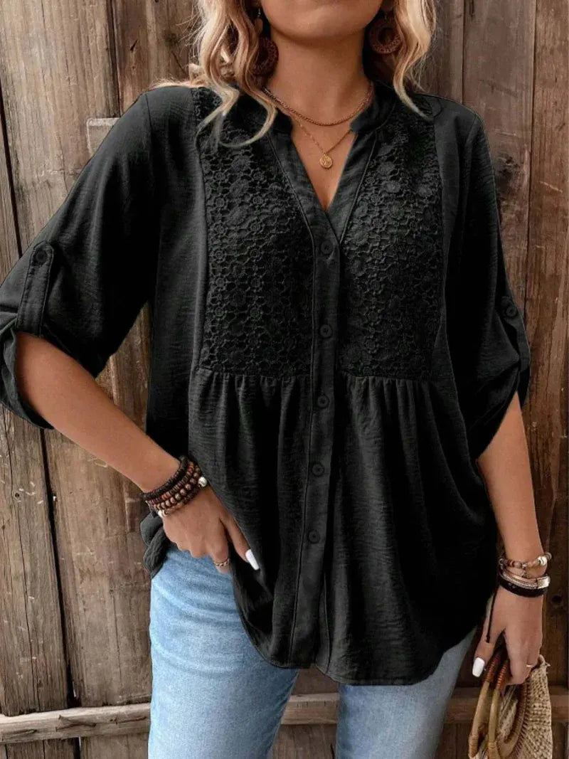 Women’s Lace Detail Button-Down Relaxed Fit Blouse