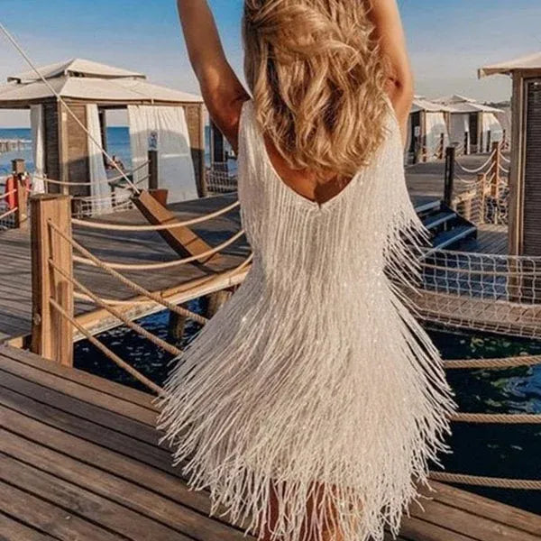 Fringe Sequin V-Neck Party Dress