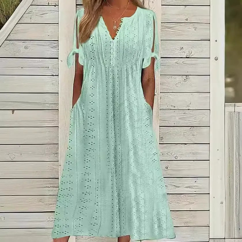 Women’s Eyelet V-Neck Tie-Sleeve Dress
