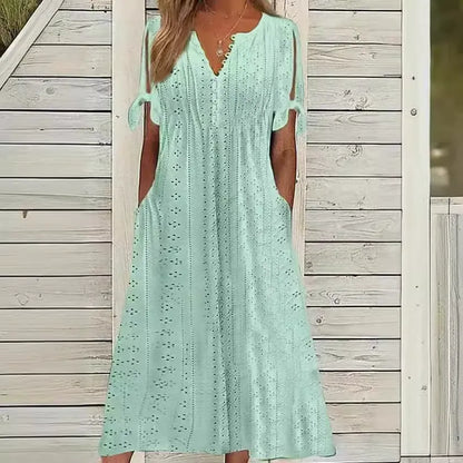 Women’s Eyelet V-Neck Tie-Sleeve Dress