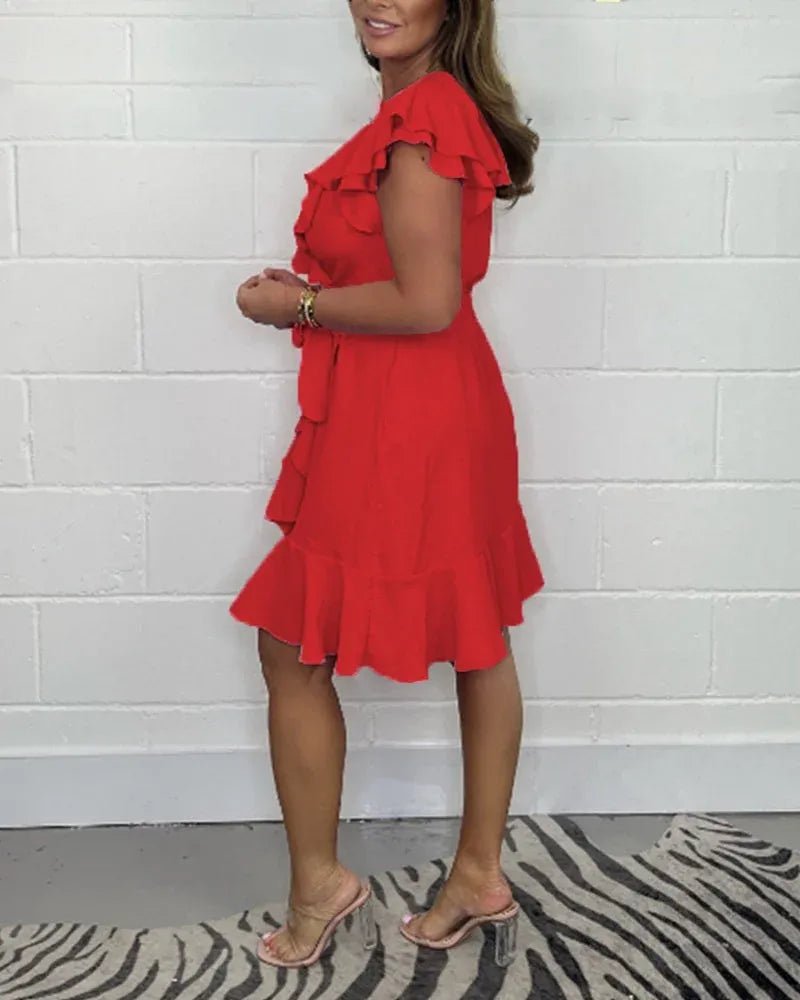 Women’s Ruffle V-Neck Tie Waist Dress