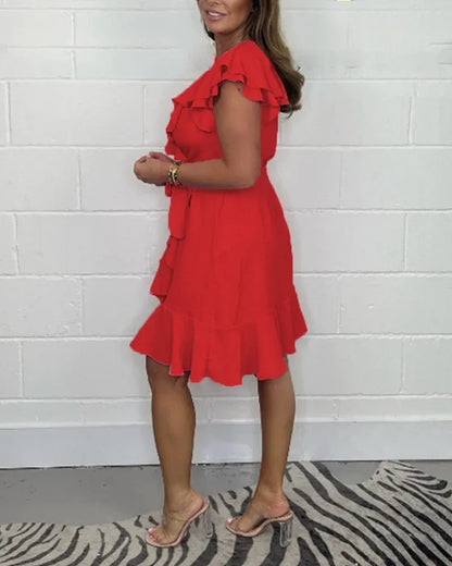 Women’s Ruffle V-Neck Tie Waist Dress