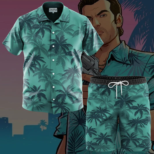Men’s Tropical Palm Shirt & Shorts Set