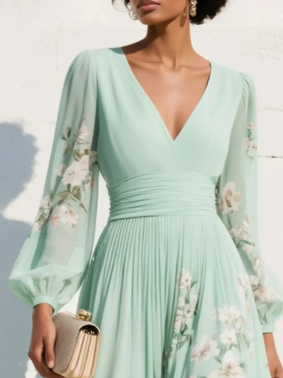 Women’s Floral Chiffon V-Neck Midi Dress