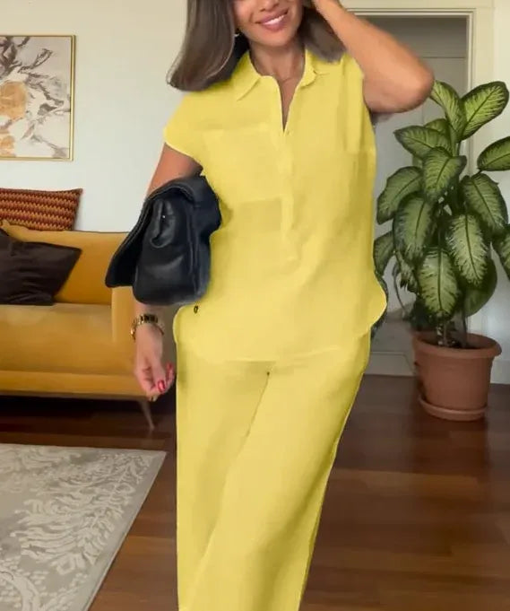 Women’s Summer Linen Shirt and Wide-Leg Pants Set