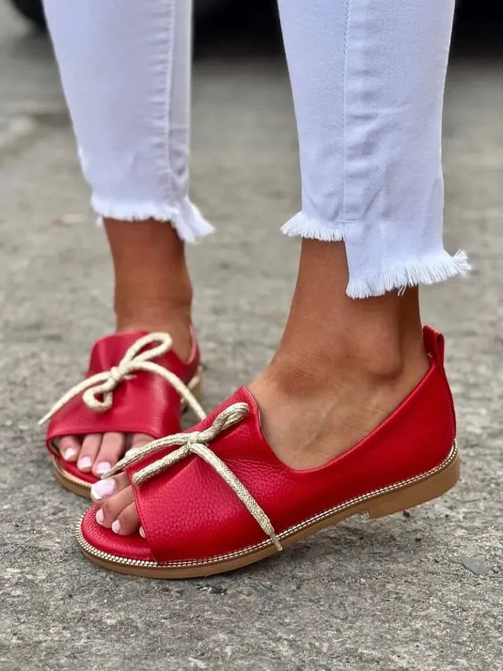 Women's Bow Accent Open-Toe Slip-On Flats