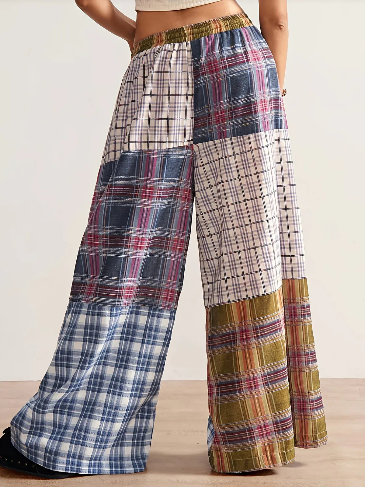Women’s Patchwork Plaid Wide-Leg Pants