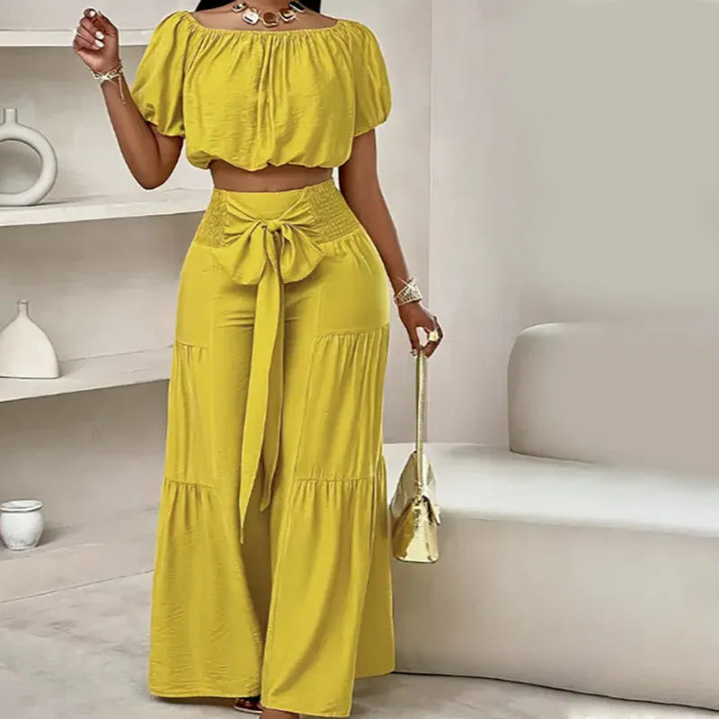 Women’s Off-Shoulder Crop Top & Wide-Leg Pants Set