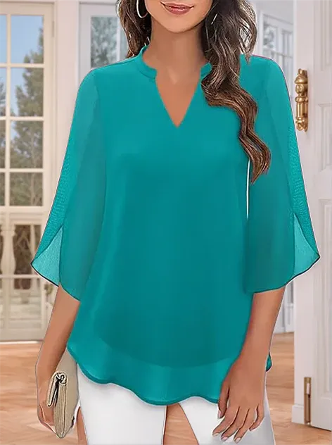 Women’s Split Sleeve V-Neck Chiffon Blouse