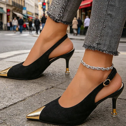 Women’s Pointed Toe Slingback Kitten Heels with Metal Cap