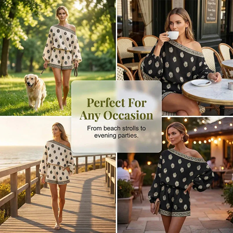 Women’s Boho Off-Shoulder Top & Shorts Set