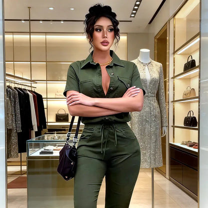 Women’s Button-Front Short-Sleeve Utility Jumpsuit