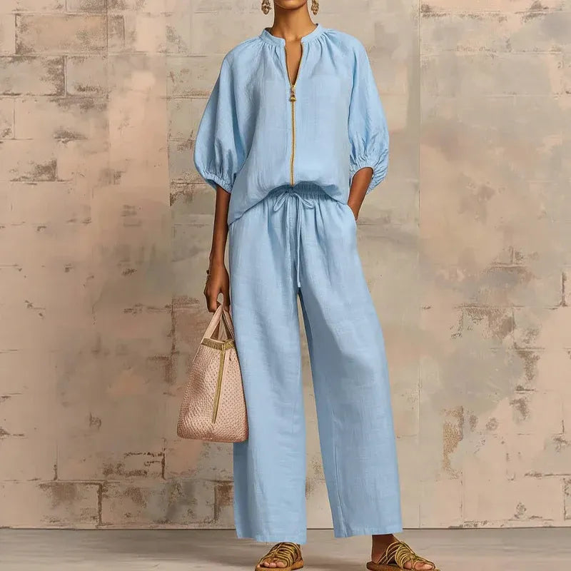 Women’s Puff Sleeve Top and Wide-Leg Pants Set