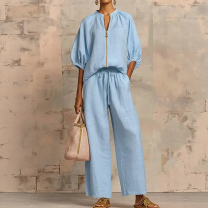 Women’s Puff Sleeve Top and Wide-Leg Pants Set