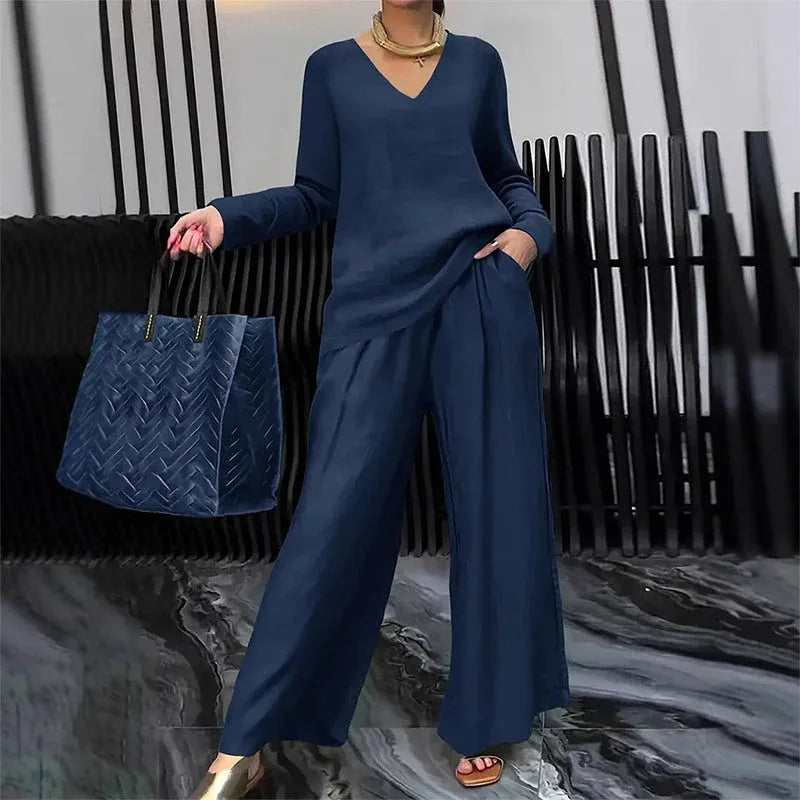 Women’s V-Neck Top and Wide-Leg Pants Set