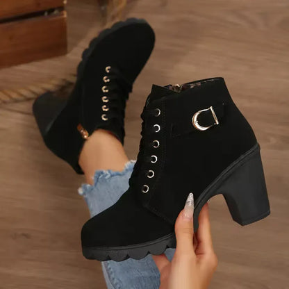 Women’s Lace-Up Buckle Block Heel Ankle Boots