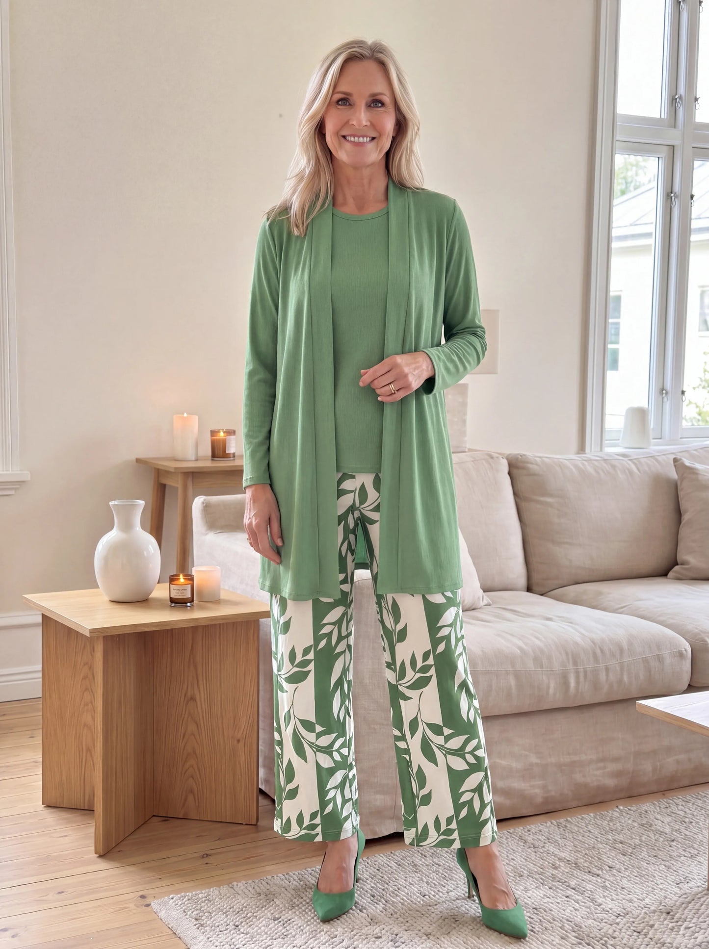 Women’s Three-Piece Cardigan Top & Printed Wide-Leg Pants Set