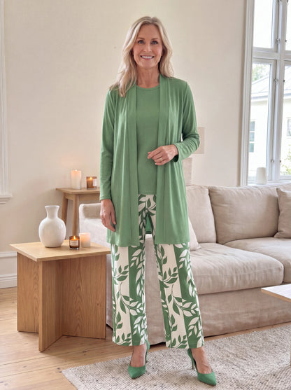 Women’s Three-Piece Cardigan Top & Printed Wide-Leg Pants Set