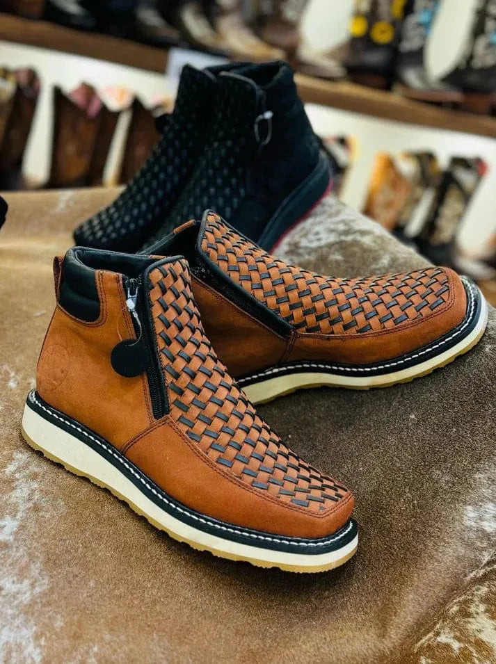 Men’s Woven Leather-Look Ankle Boots