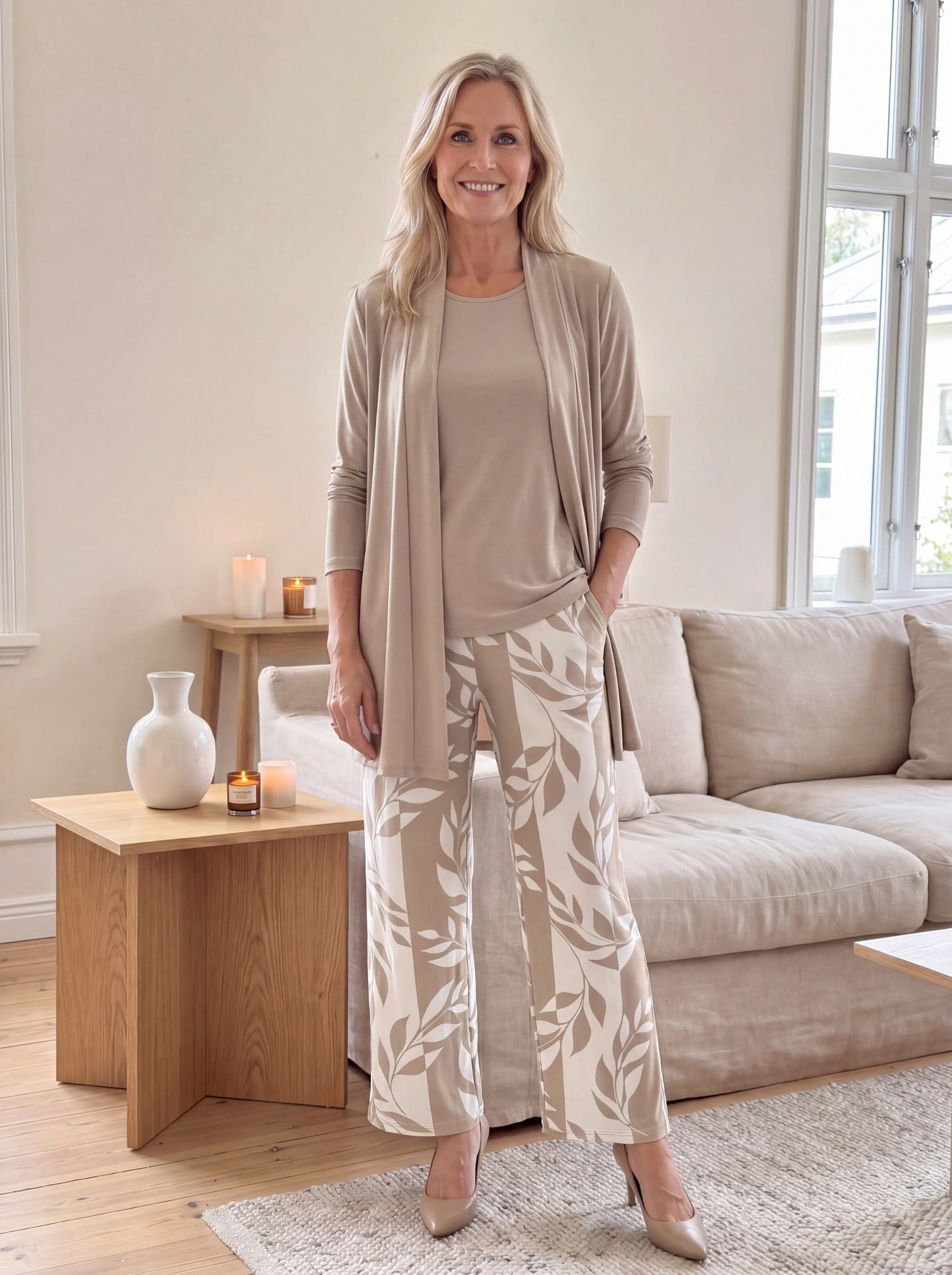 Women’s Three-Piece Cardigan Top & Printed Wide-Leg Pants Set
