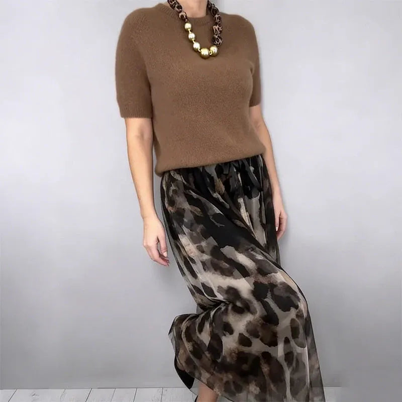 Women’s Short-Sleeve Knit Top and Leopard Print Maxi Skirt Set