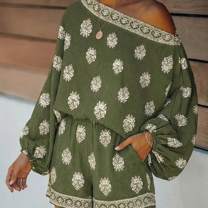 Women’s Boho Off-Shoulder Top & Shorts Set