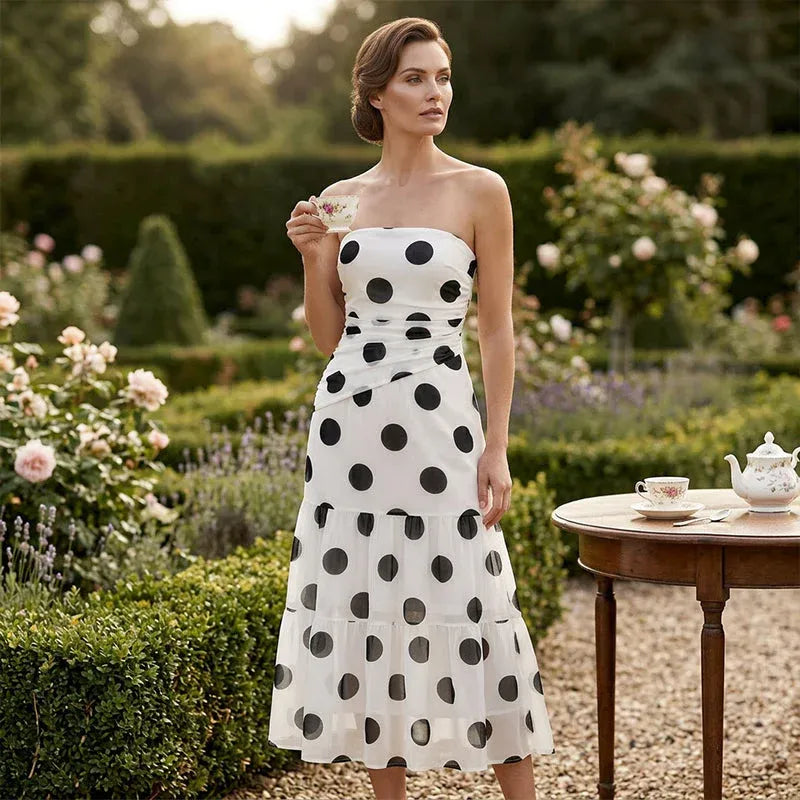 Women’s Strapless Polka Dot Tiered Midi Dress