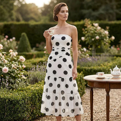 Women’s Strapless Polka Dot Tiered Midi Dress