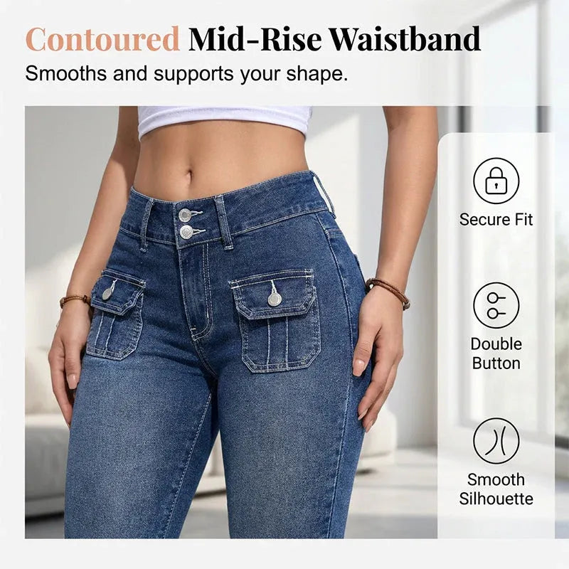 Slim Fit Stretch Denim Capri Pants with Cargo Pockets