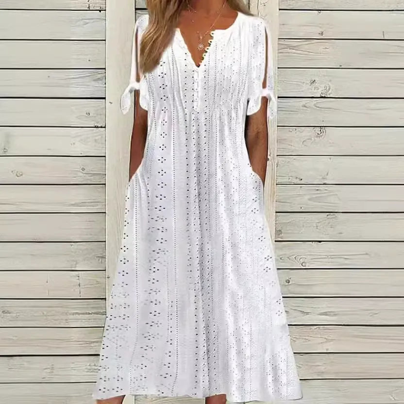 Women’s Eyelet V-Neck Tie-Sleeve Dress