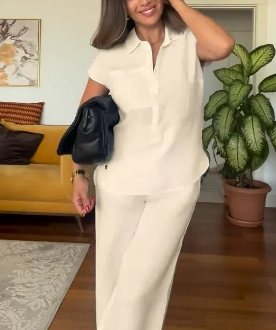 Women’s Summer Linen Shirt and Wide-Leg Pants Set