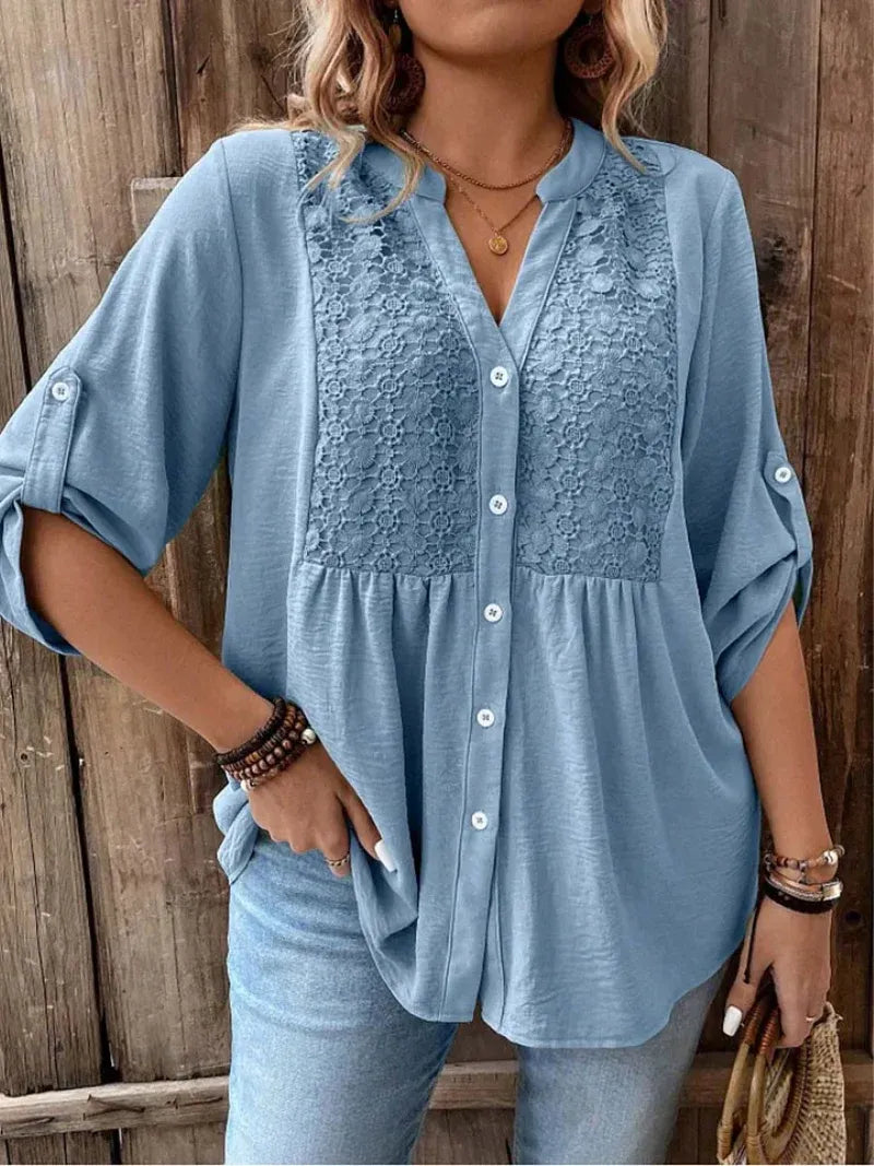 Women’s Lace Detail Button-Down Relaxed Fit Blouse
