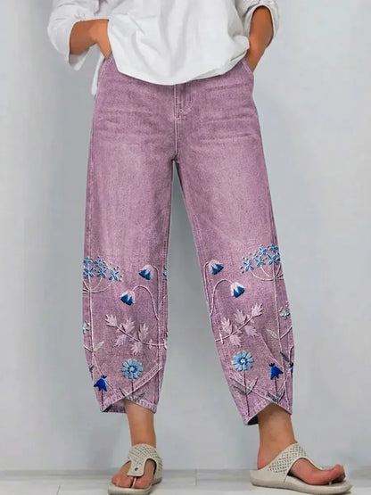 Women's Floral Print Denim Pants