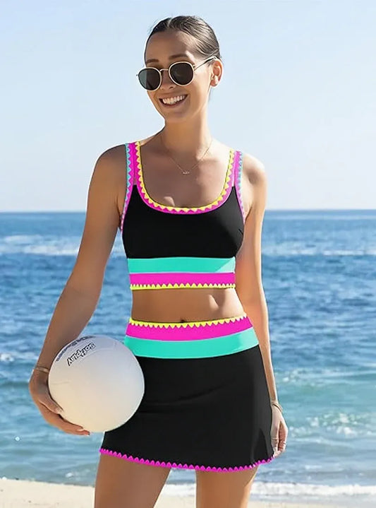 Color Block Sporty 3-Piece Bikini Set with High-Waisted Bottom & Cover Skirt